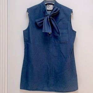 Lanvin chambray sleeveless bow blouse